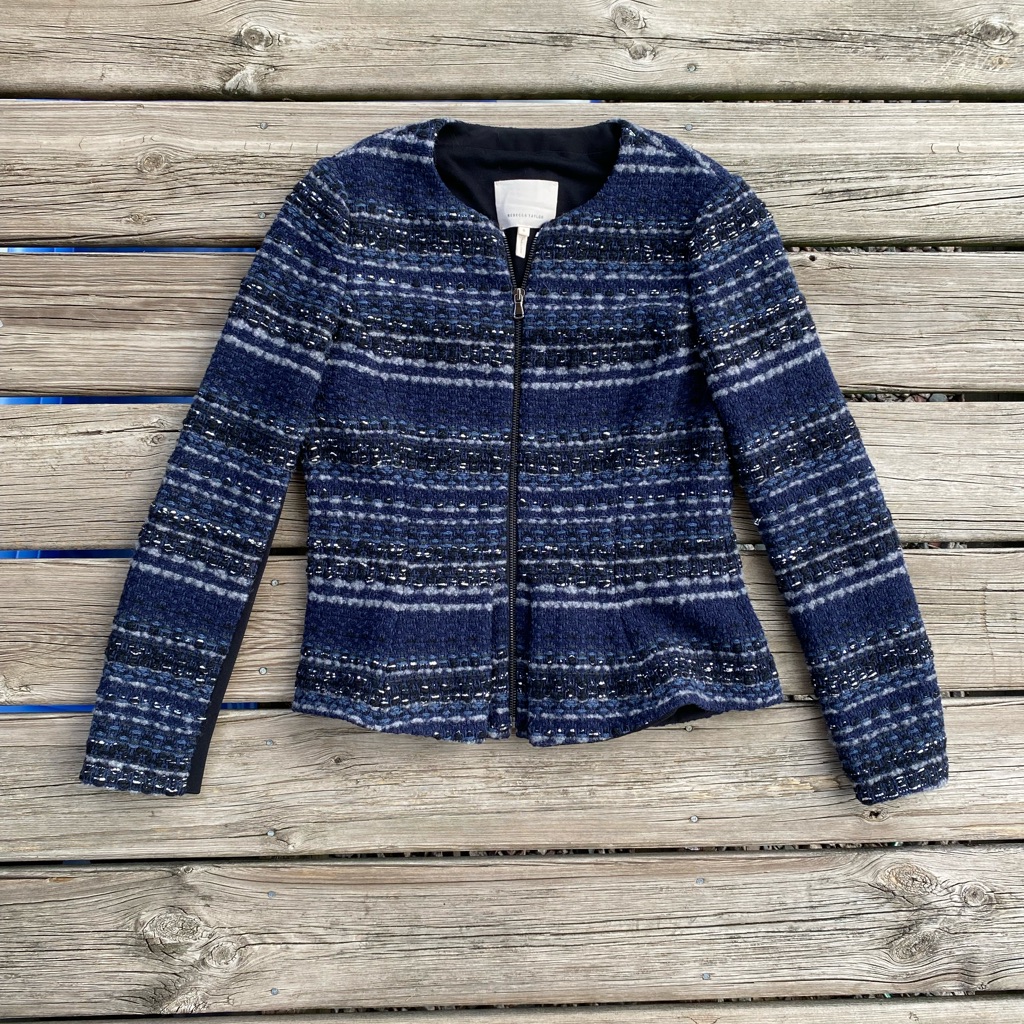 Rebecca Taylor Lurex Striped Tweed Jacket In Blue | Women’s Size 6